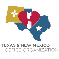 Texas & New Mexico Hospice Organization logo featuring state outlines and a heart with hands.