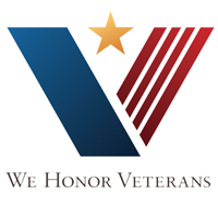 We Honor Veterans logo, featuring a stylized V in blue and red with a gold star. Text: We Honor Veterans.