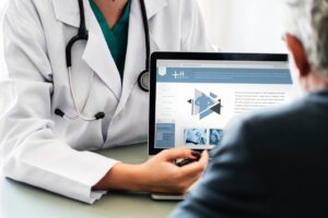 Doctor reviews provider services information on a laptop with a patient.