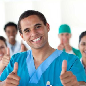Smiling medical team giving thumbs up. Medicare Hospice Compare support.