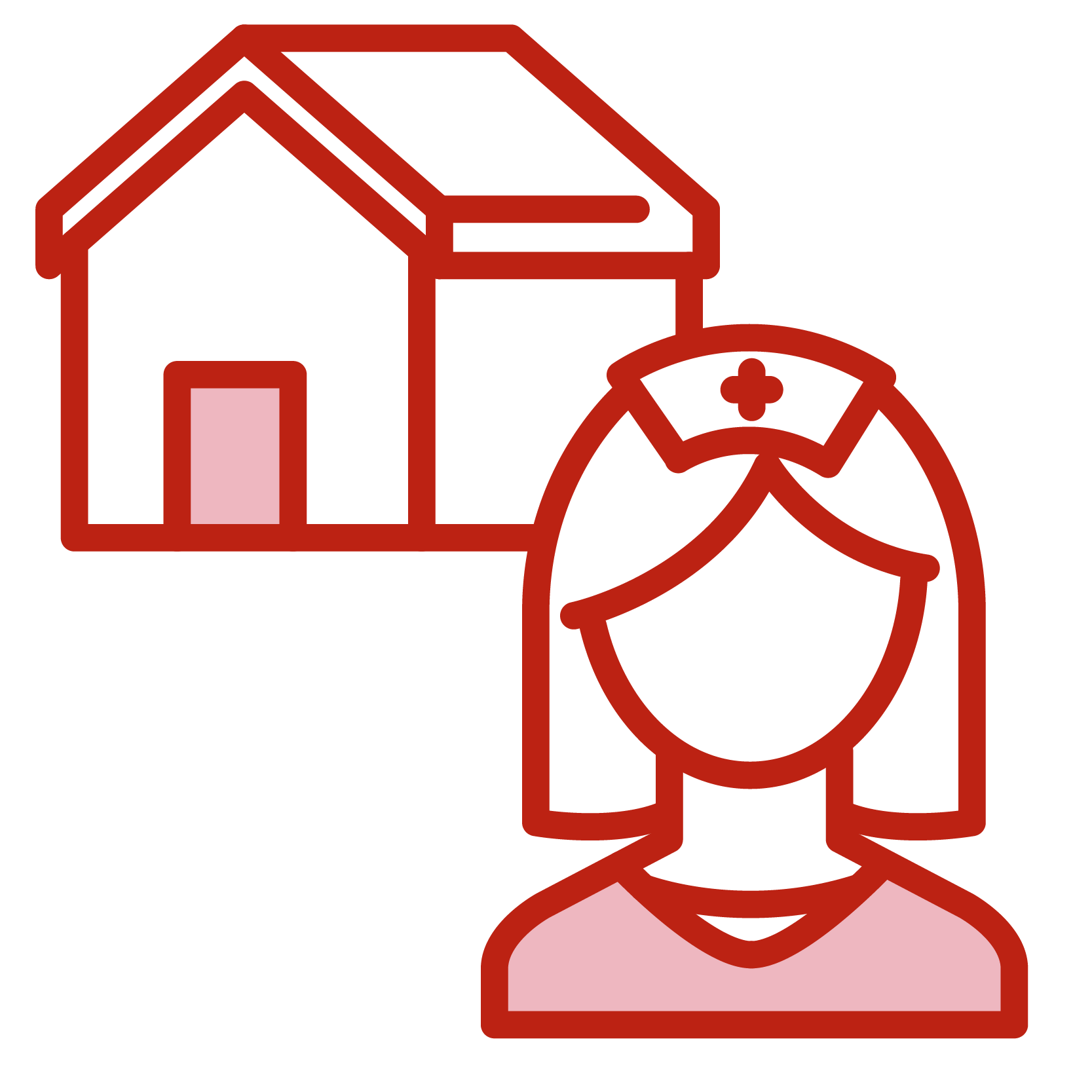 Home health care icon featuring a house and a nurse outline.