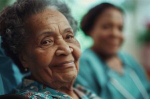 A hospice patients sits in her Houston home with a nurse.