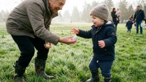 Elderly man playing with young child during easter egg hunt