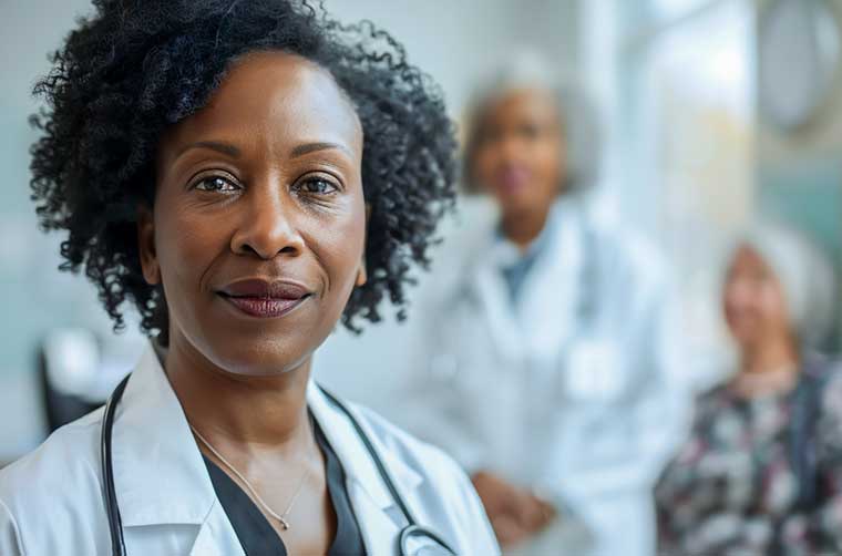 A doctor looks at the camera with warmth but seriousness. Blurry in the background another doctor sits with an elderly patient.