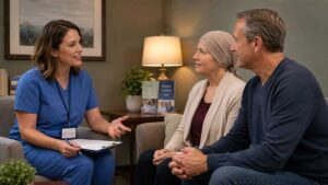 An Avatar hospice nurse in Houston, TX consults with a cancer patient and her caregiver.